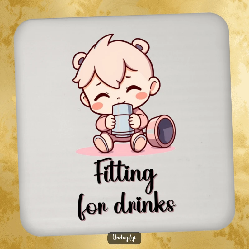 Funny Drink Coaster showing a character proudly holding a shiny pipe fitting, serving as a humorous reminder to use coasters.