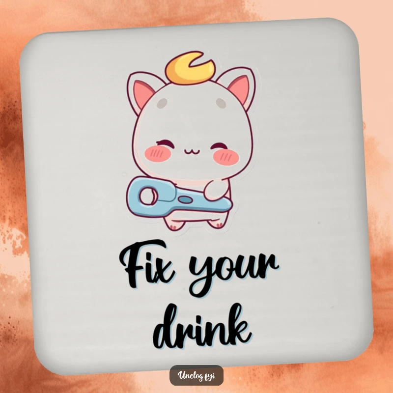 Funny repair guy coaster with a winking character offering a tool, symbolizing help and humor.