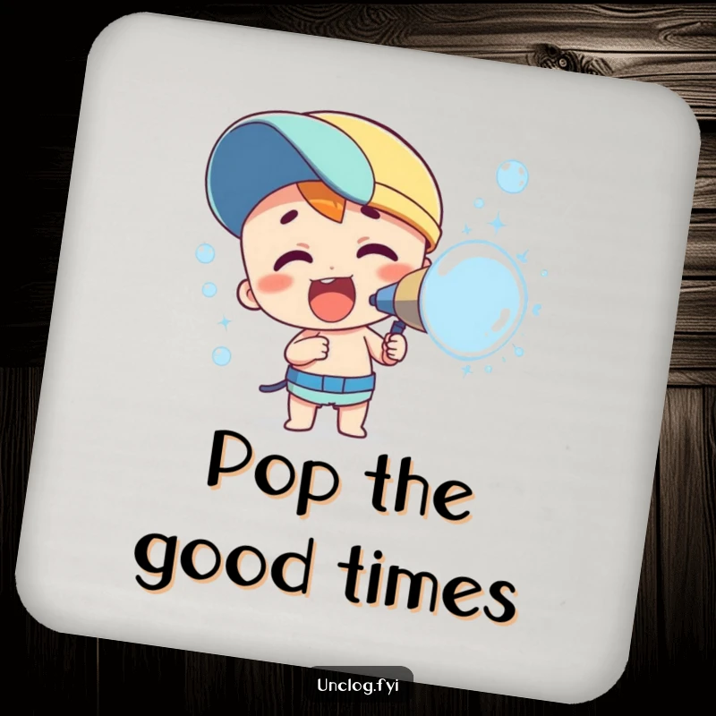 Funny drink coaster illustrating a character enthusiastically spraying colorful bubbles. Protects furniture while adding a humorous, cheerful vibe.