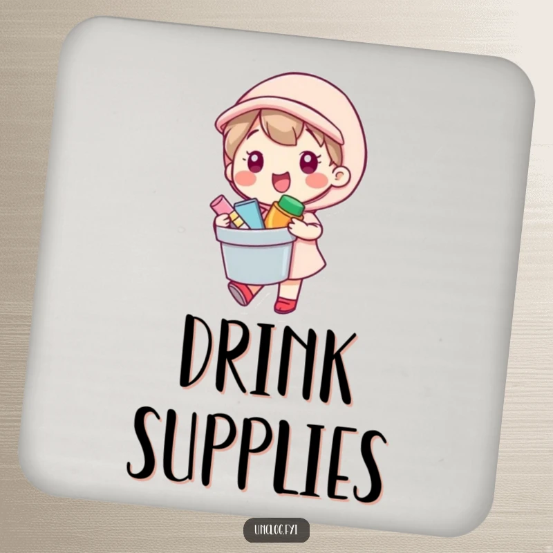 Funny Drink Coasters featuring a kawaii character happily carrying a bucket of supplies, providing humorous surface protection.