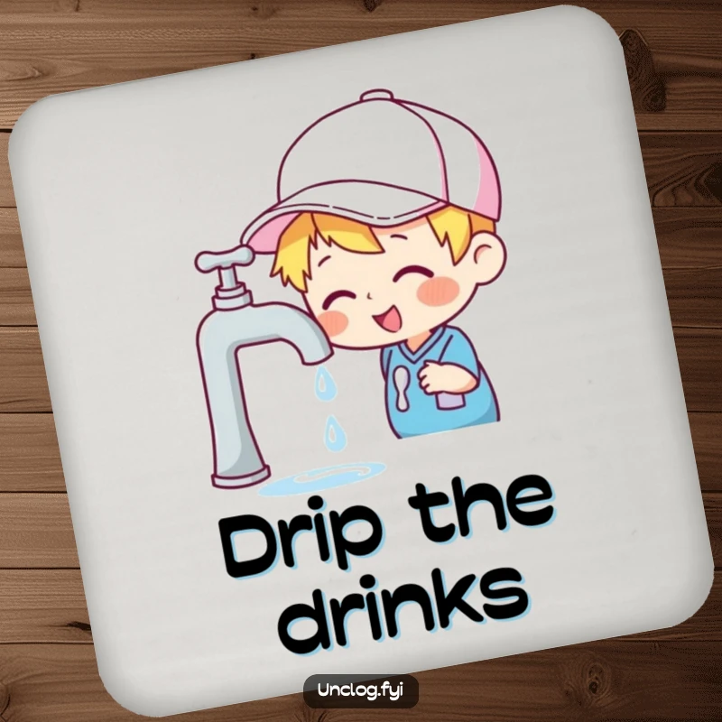 Funny drink coaster featuring a cheerful character in a cap inspecting a dripping faucet, protecting surfaces with observational humor.