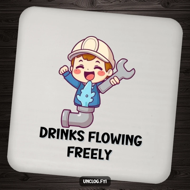 Funny drink coaster featuring a cute character joyfully holding a wrench above a gushing pipe icon, protecting surfaces with charm.
