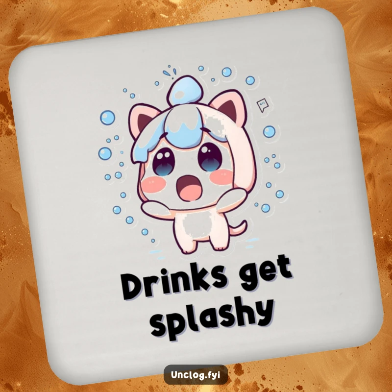 Funny kawaii drink coaster showing a cute surprised character with water spraying everywhere.