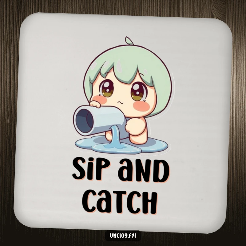 Funny Leaky Pipe Reaction Coaster with a character staring wide-eyed at a leaky pipe, protecting surfaces with humor, ideal funny gift.