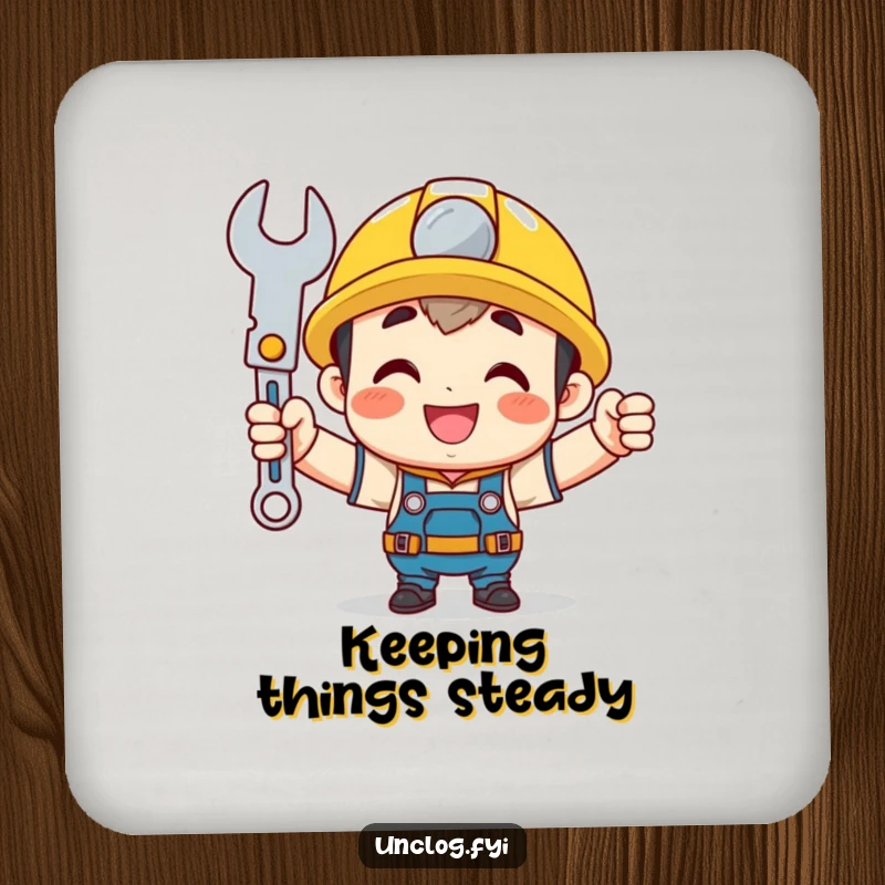 Funny mechanic coasters featuring a cute character holding a wrench proudly, adding humorous protection to surfaces.