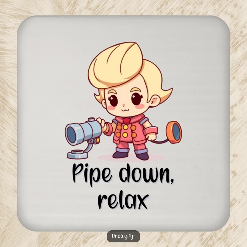 Funny coaster with a proud character and a shiny new pipe, adding humor to any tabletop.