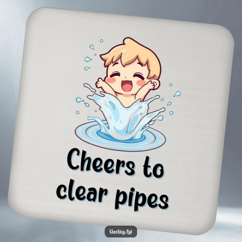 Funny character splashing water from an unclogged drain on a drink coaster, representing smooth flow and surface protection.