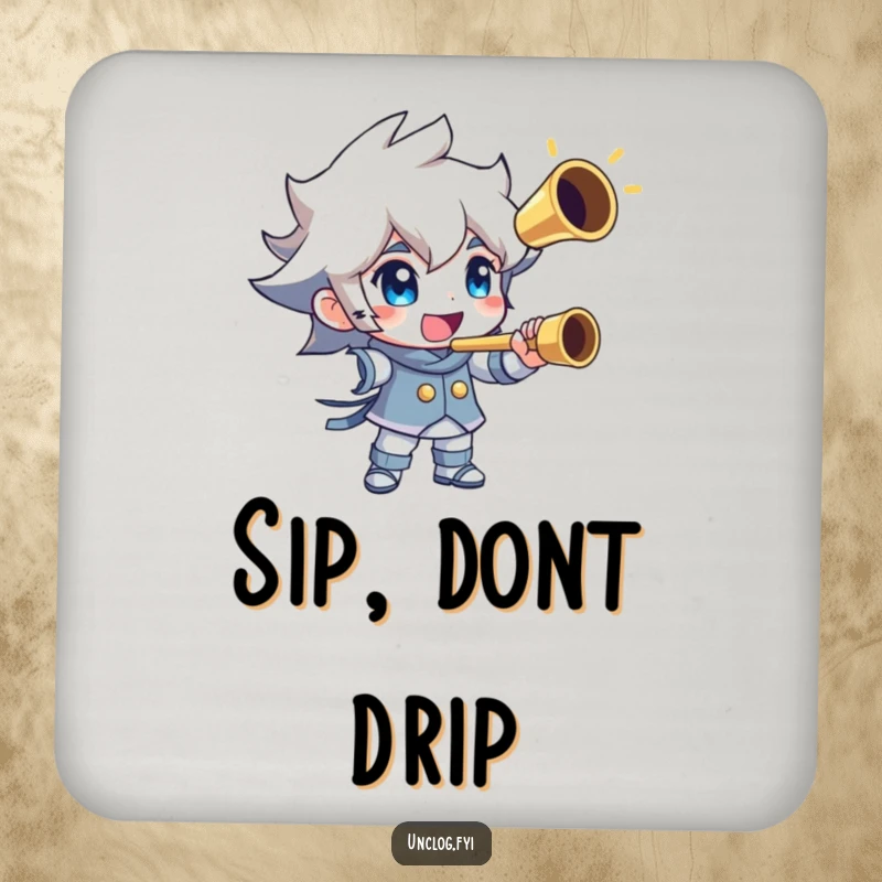 Funny drink coaster illustrating a character triumphantly holding a shiny, unclogged pipe. Protects furniture with humorous success.