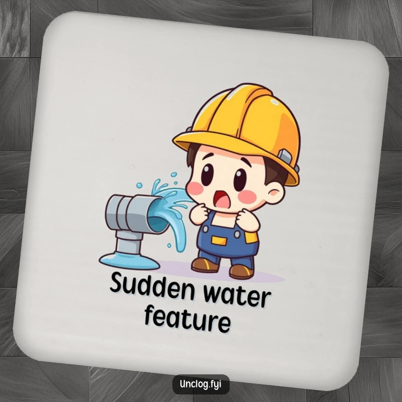 Funny drink coaster featuring a surprised character in a hard hat looking at a gushing water pipe.
