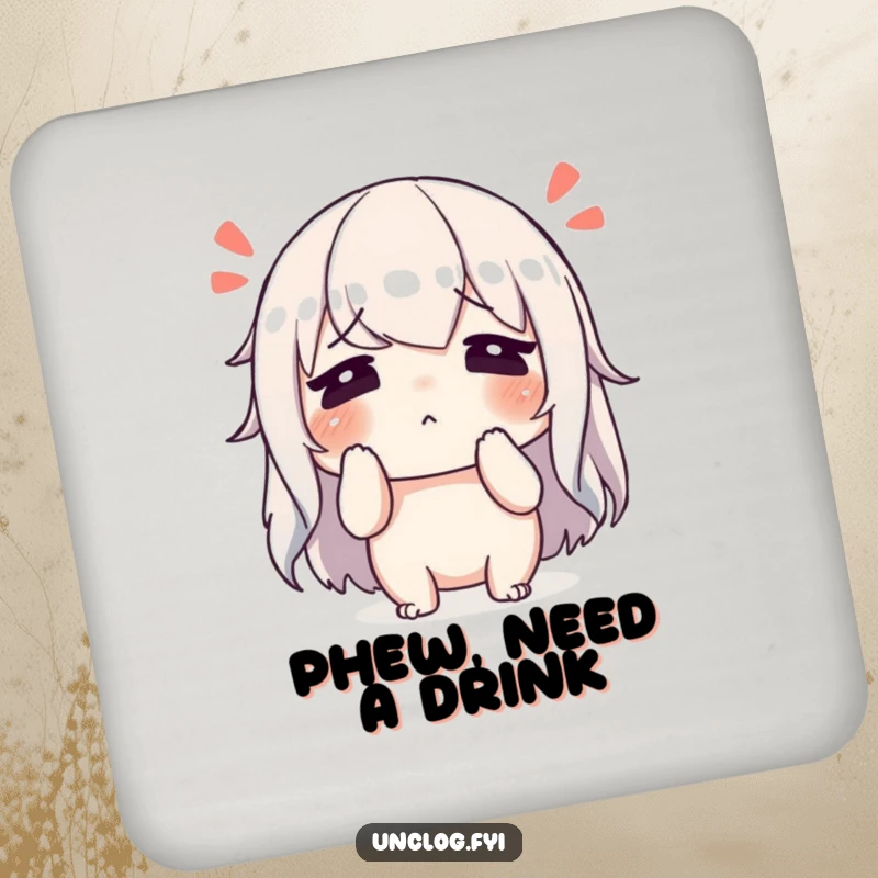 Funny character wiping sweat from its brow with a relieved sigh on a drink coaster, symbolizing relief and surface protection.