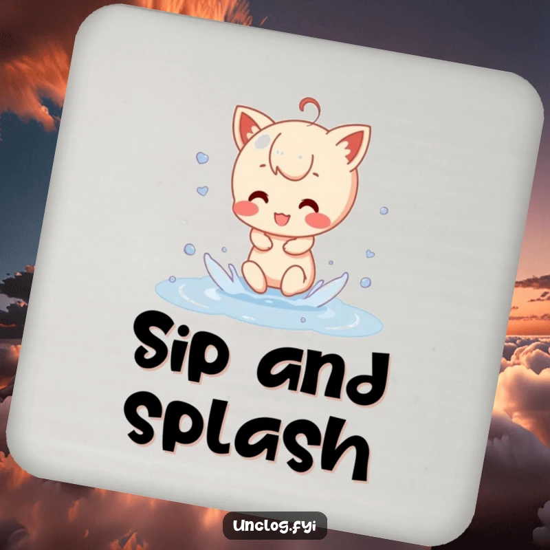 Funny Drink Coaster showing a character gleefully splashing in a puddle, serving as a humorous reminder to use coasters.