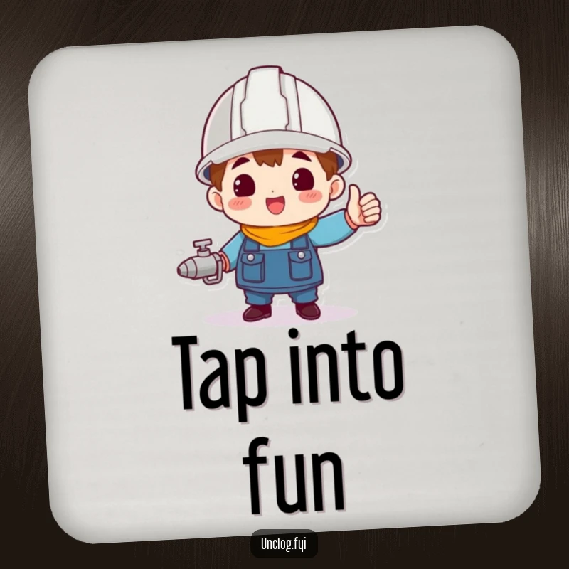 Funny character wearing a hard hat, triumphantly holding a spigot, printed on protective drink coasters.