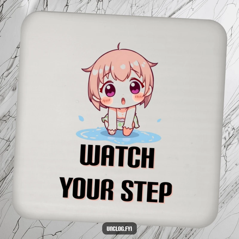 Funny drink coaster illustrating a character comically slipping on a puddle, creating a humorous splash effect. Protects surfaces with style.