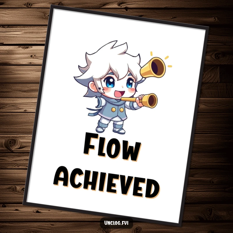 Funny poster art of a character holding a gleaming, perfectly clear pipe with pride. Celebrates plumbing success and a job well done.