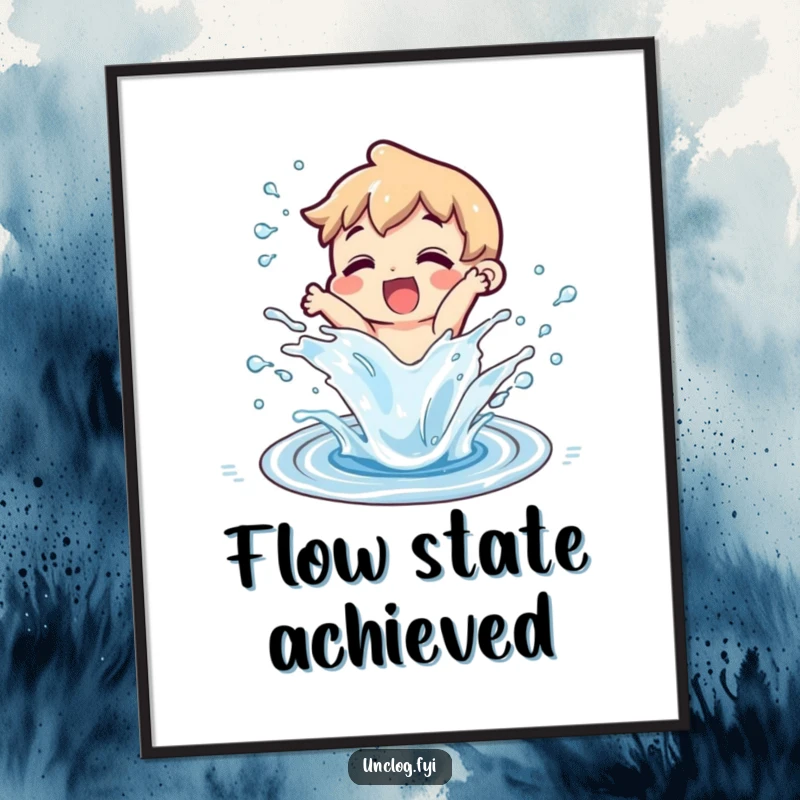 Funny character joyfully splashing water from a clear, unclogged drain on a poster, bringing a sense of relief and fun.