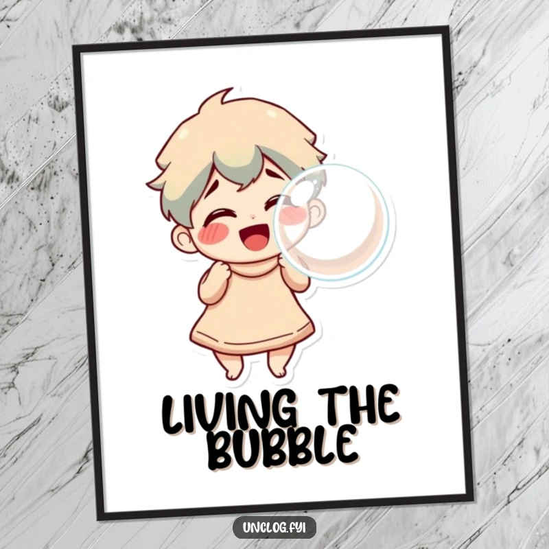 Funny Poster of a character triumphantly blowing a large bubble, bringing a sense of pure joy and playful wonder to any wall.