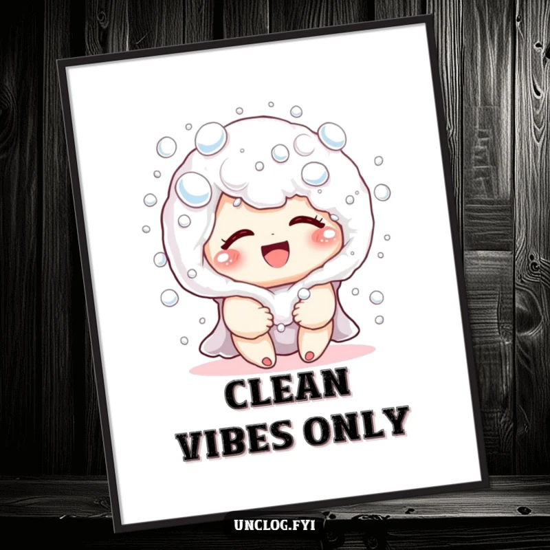 Funny poster print of a cute character gleefully submerged in harmless soap bubbles, giggling playfully, bringing whimsical charm to any room.