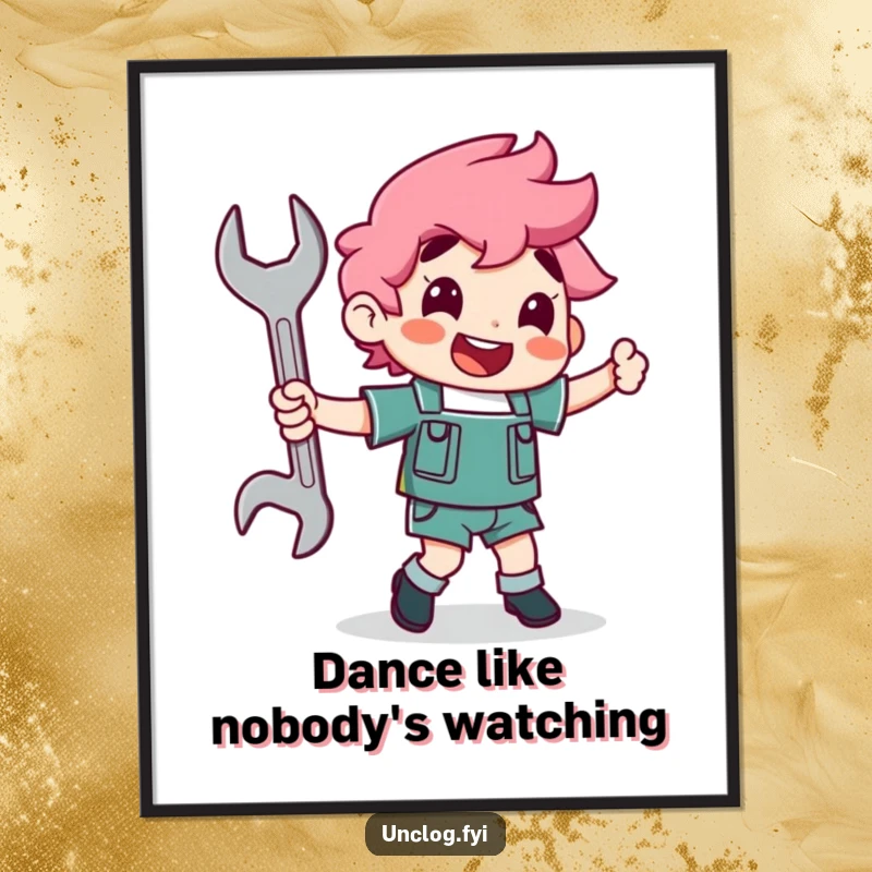 Funny character happily dancing with a wrench as a partner on a poster, celebrating mechanics and a joyful approach to work.