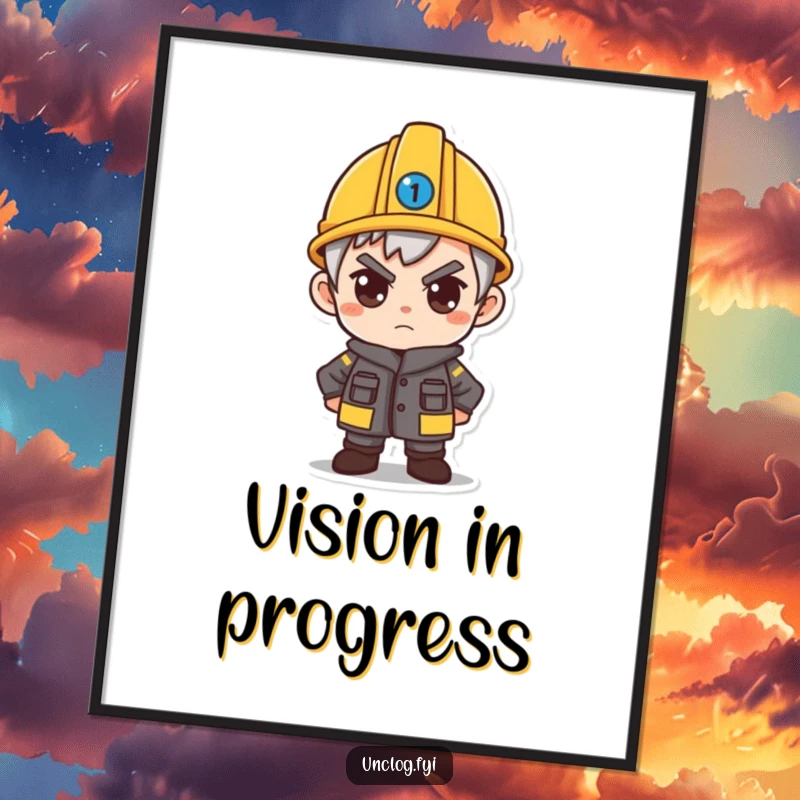 Funny poster showcasing a character wearing a small hard hat, their determined gaze fixed on the task ahead.