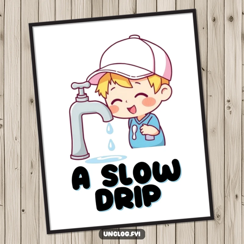 Funny poster art of a cheerful character in a cap examining a dripping faucet, capturing a moment of minor household investigation.