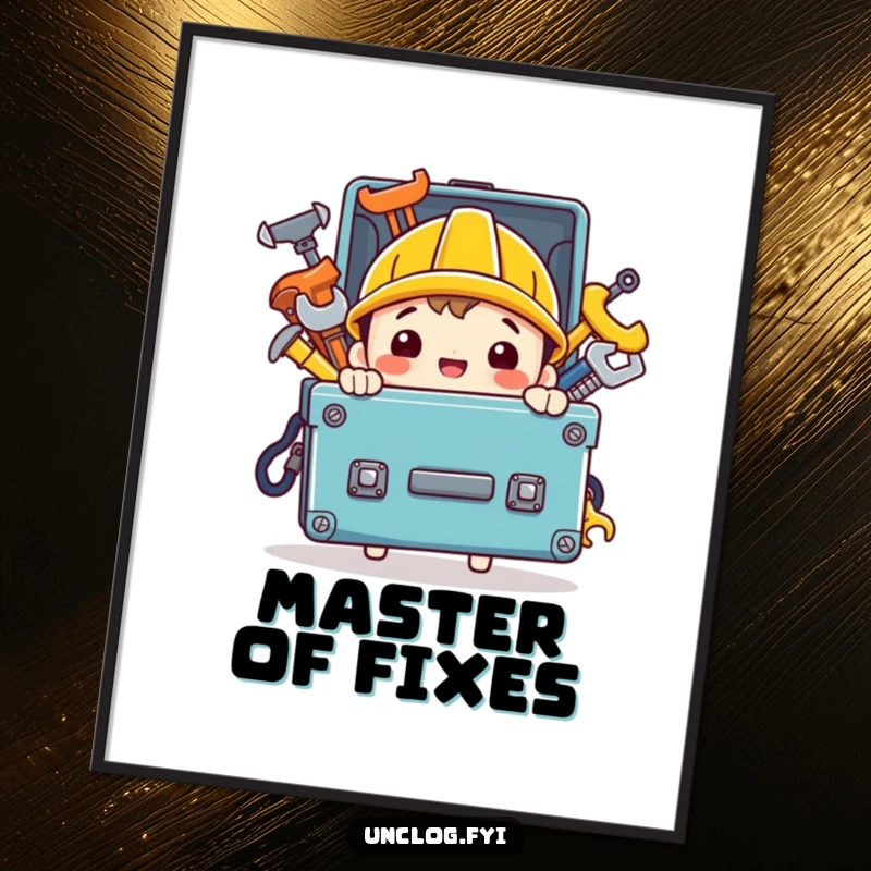 Funny poster featuring a happy character carrying a toolbox filled with various shiny tools, inspiring creativity and action.