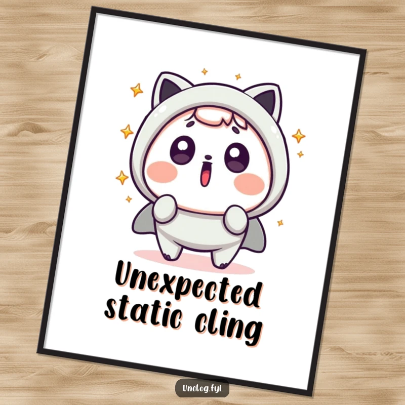 Funny Kawaii Poster featuring a cute character looking startled, with vibrant sparks zipping around, adding a humorous shock to your decor.