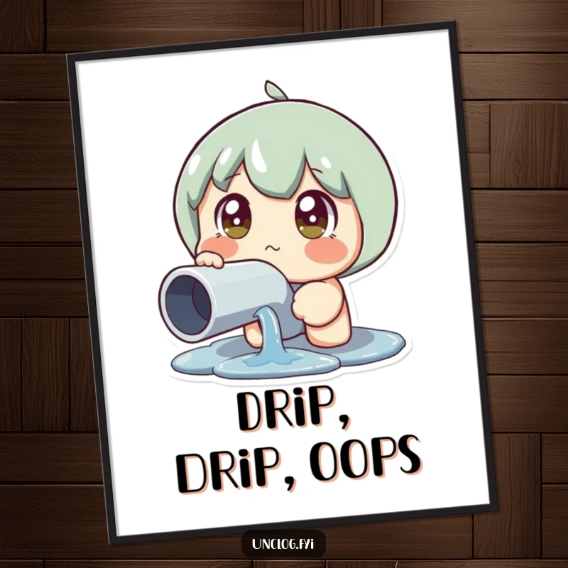 Funny Leaky Pipe Reaction Poster of a character with wide eyes in shock at a dripping pipe, capturing relatable plumbing panic, perfect funny gift.