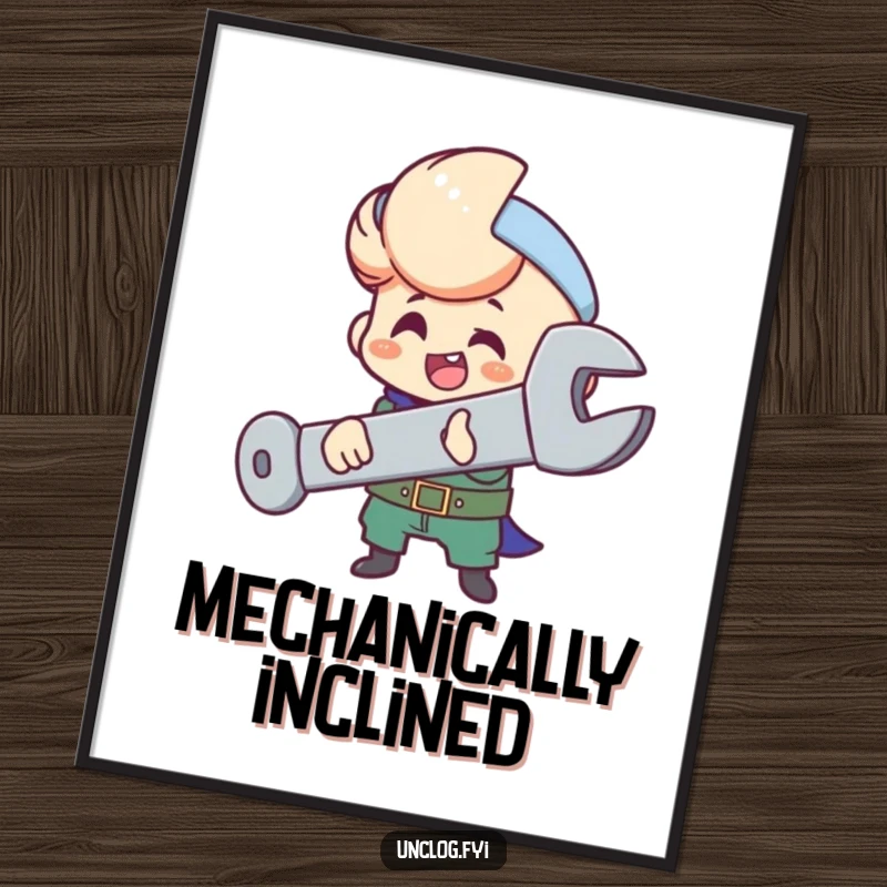 Funny poster of a character happily using a large wrench to tighten an oversized bolt, conveying precision.