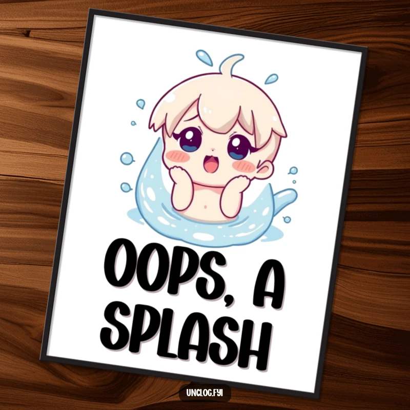 Funny poster art of a character with a surprised smile looking at overflowing water, depicting a comical and relatable situation.