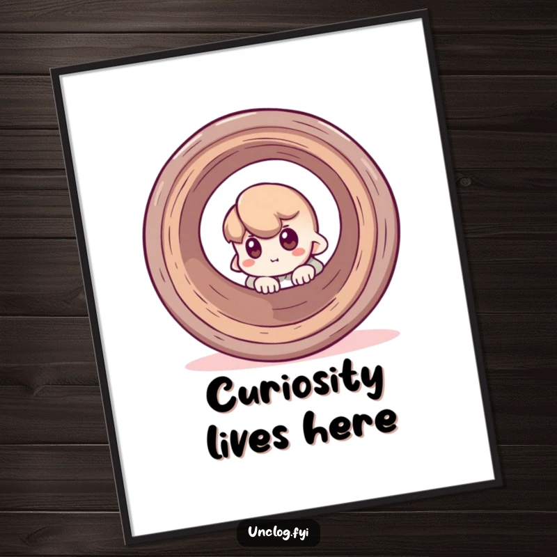 Funny poster of a character peeking around a giant pipe, capturing a moment of playful curiosity and adding humor to wall decor.