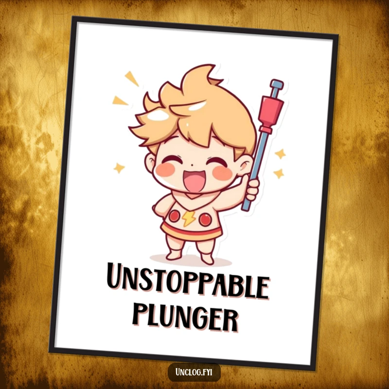 Funny poster capturing a character's joyful use of a plunger with a triumphant look, celebrating a successful and humorous victory.