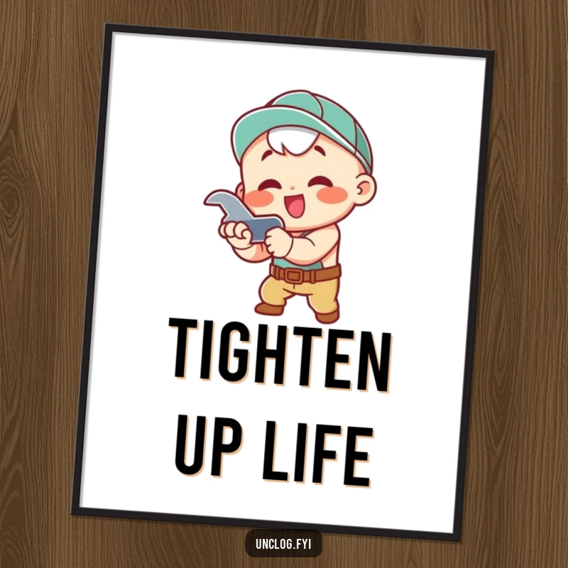 Funny Poster of a kawaii character enthusiastically tightening a pipe with a wrench, adding a humorous touch to wall decor.