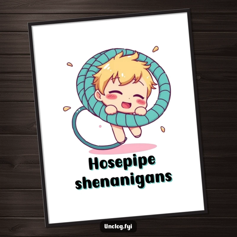 Funny poster print of a character comically entangled in a garden hosepipe, capturing a moment of humorous chaos for wall decor.