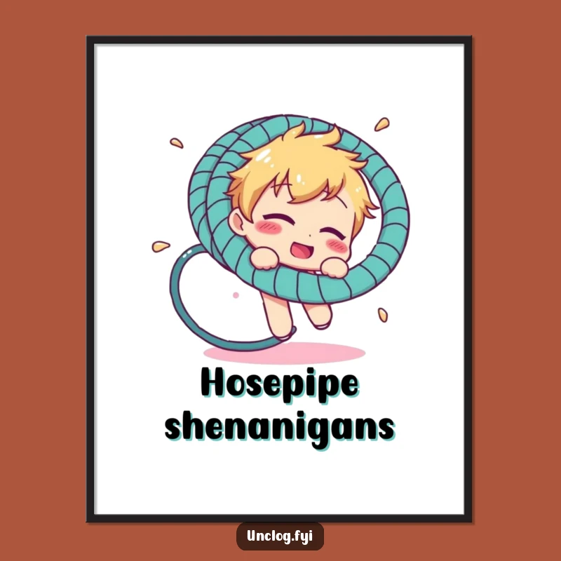 Funny Hosepipe Fiasco Poster: Comical Character's Garden Adventure Wall Art Gift