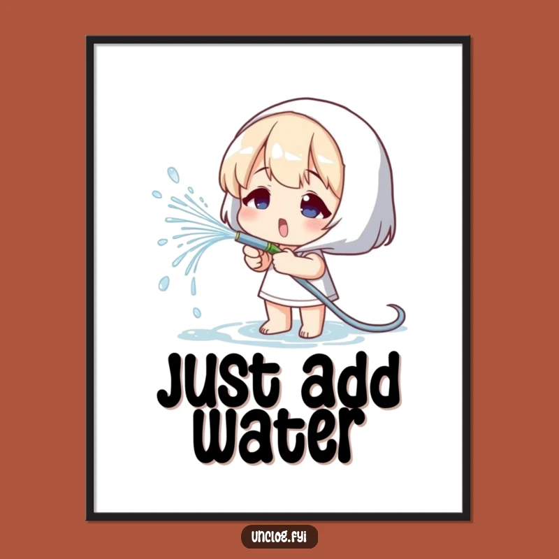 Funny Gardener Poster: Water Spraying Character, Whimsical Wall Art