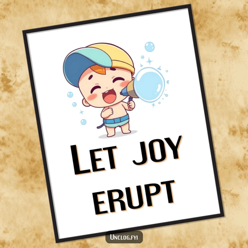 Funny poster art of a character enthusiastically spraying a swirling mass of iridescent bubbles. Creates a whimsical and joyful atmosphere.