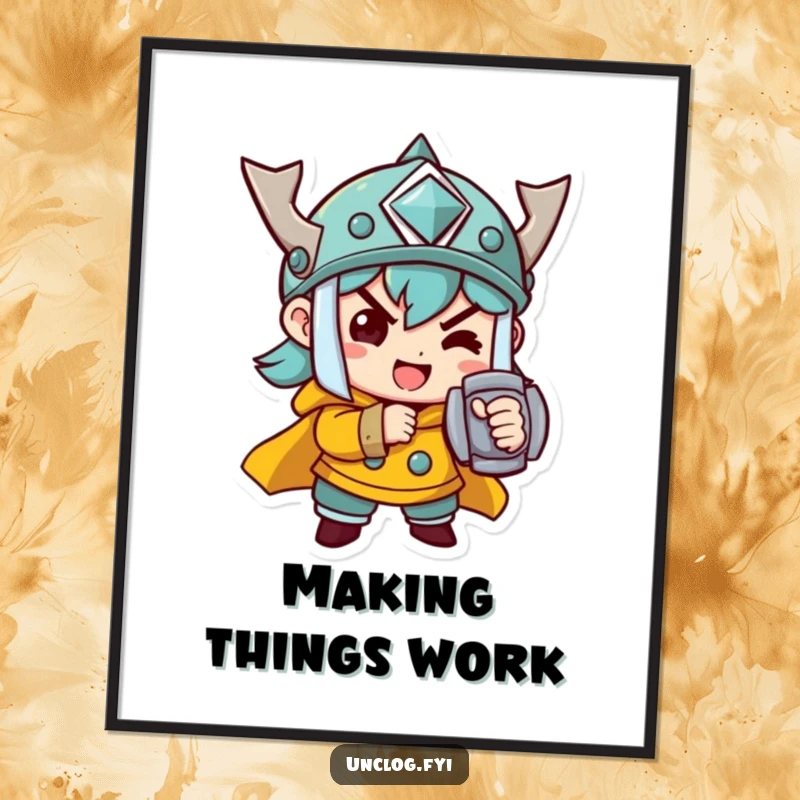 Funny Poster print of a cheerful character intensely focused on determinedly tightening a bolt, symbolizing hard work.