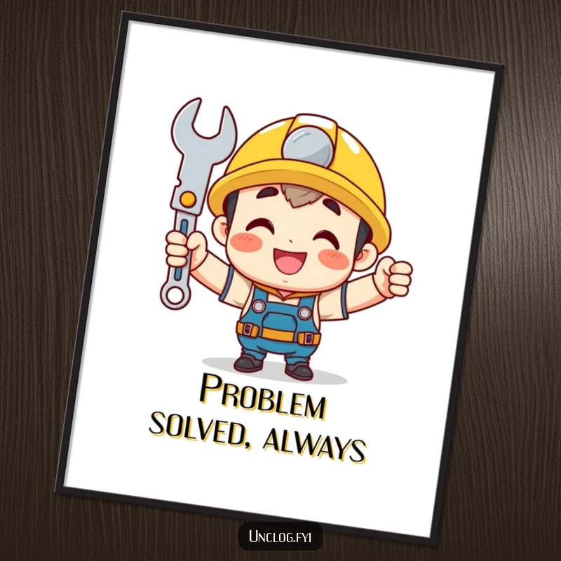 Funny mechanic poster showing a cute character holding a shining wrench with pride, bringing humorous and DIY-themed decor.