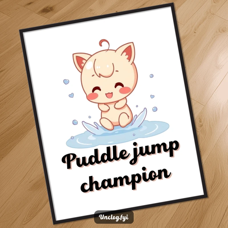 Funny Poster art of a character gleefully splashing in a puddle, creating dynamic water effects and embodying pure, uninhibited fun.