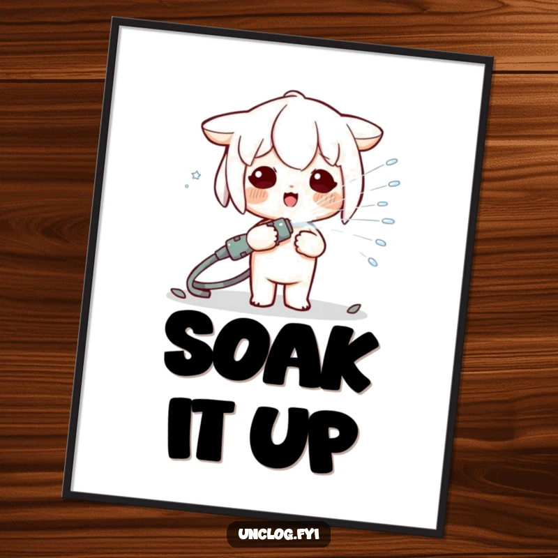 Funny Kawaii character caught mid-action spraying a hose, creating a vibrant and humorous wall art piece for joyful decoration.