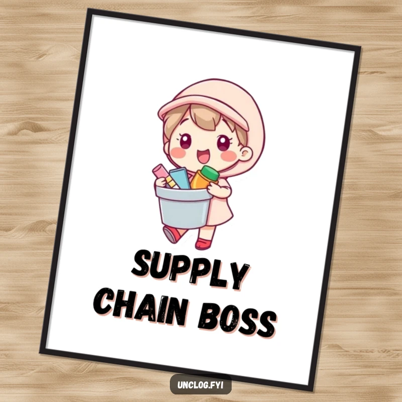 Funny Poster of a kawaii character happily carrying a bucket of supplies, perfect for humorous and cheerful wall decor.