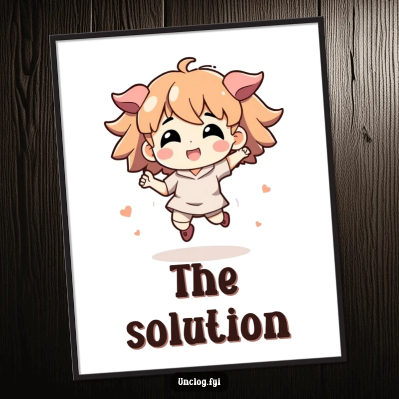 Funny poster art of an energetic character leaping triumphantly, symbolizing the achievement of solving a difficult problem.