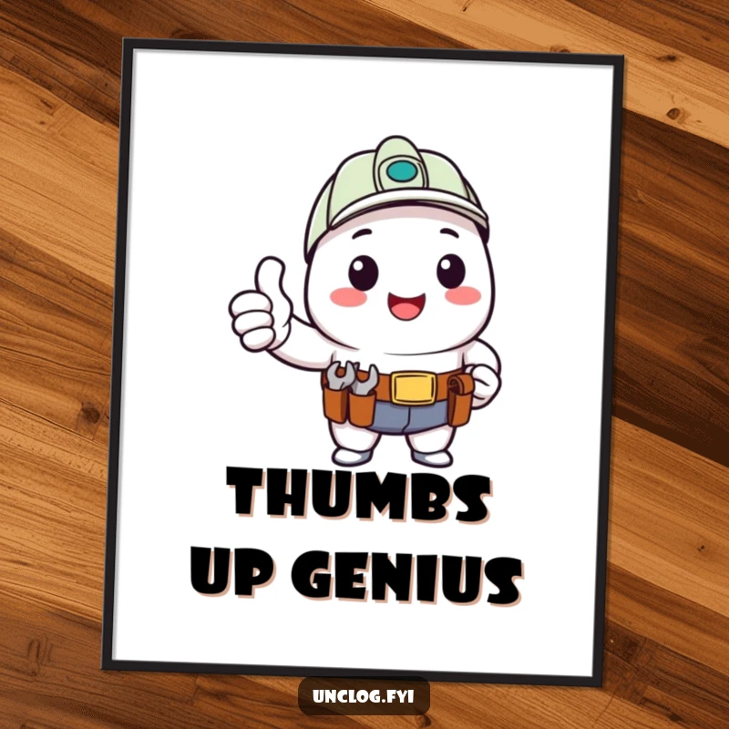 Funny Poster of a kawaii character giving a happy thumbs up with a tool belt, perfect for inspirational and humorous decor.