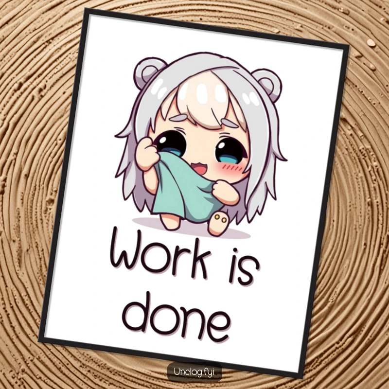 Funny poster of a character happily wiping sweat from their brow with a rag, expressing relief and satisfaction after hard work.