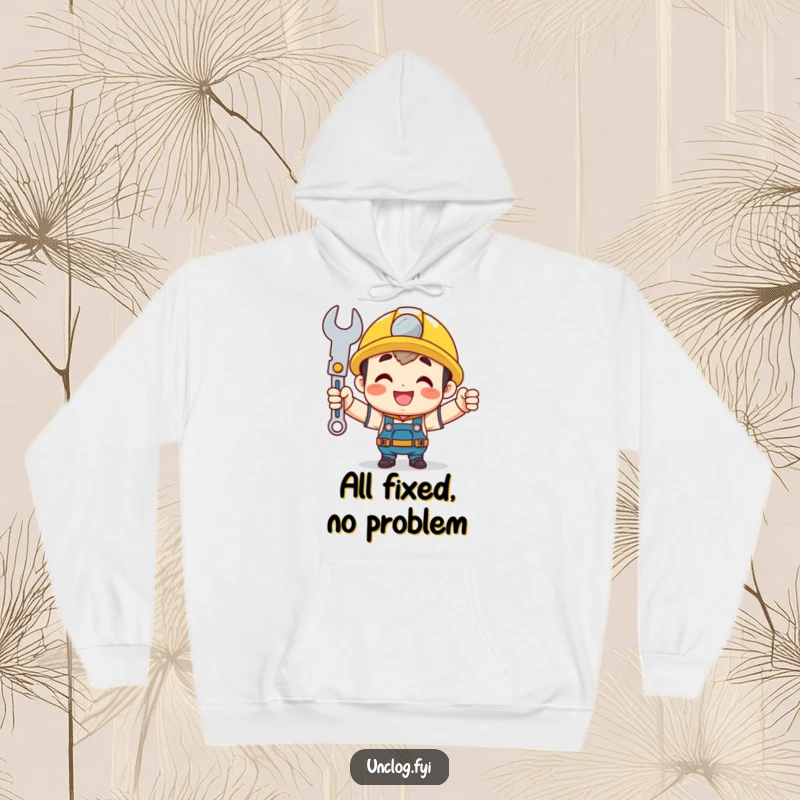 Funny mechanic hoodie featuring a cute character proudly holding a wrench, perfect for cozying up after fixing things.