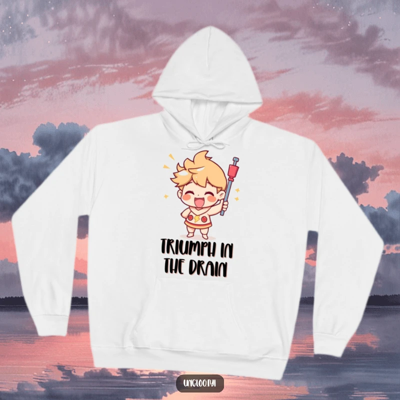 Funny hoodie featuring a character joyfully using a plunger with a triumphant expression, embodying the spirit of overcoming obstacles with humor.