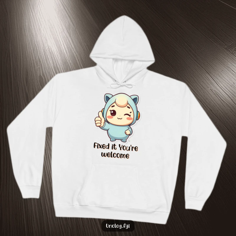 Funny hoodie with a cute character giving a confident thumbs up, celebrating a successful fix in a cozy design.