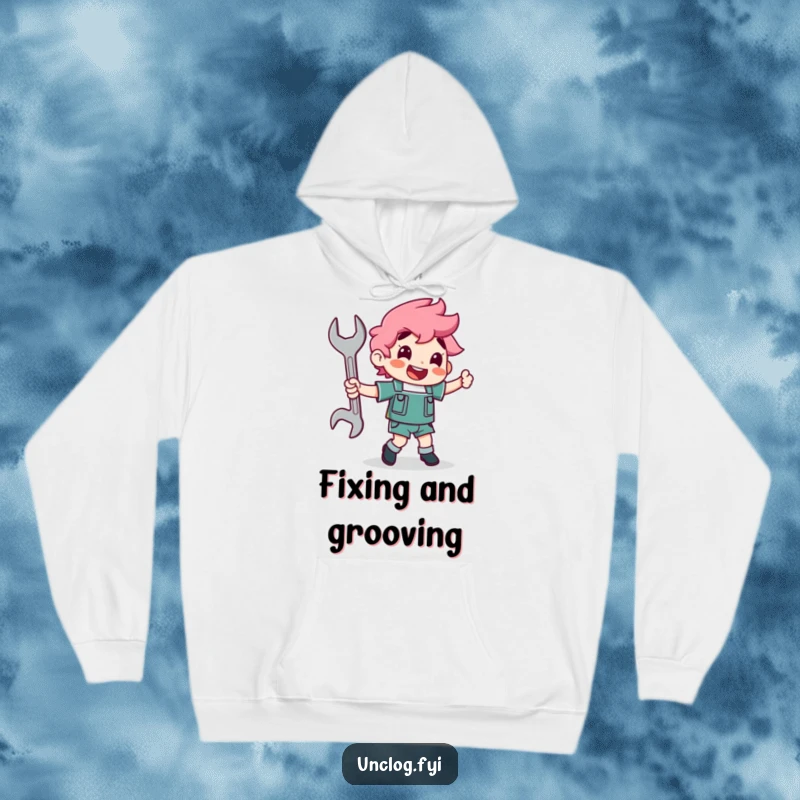 Funny character happily dancing with a wrench as a partner on a hoodie, showcasing a passion for mechanics and fun.