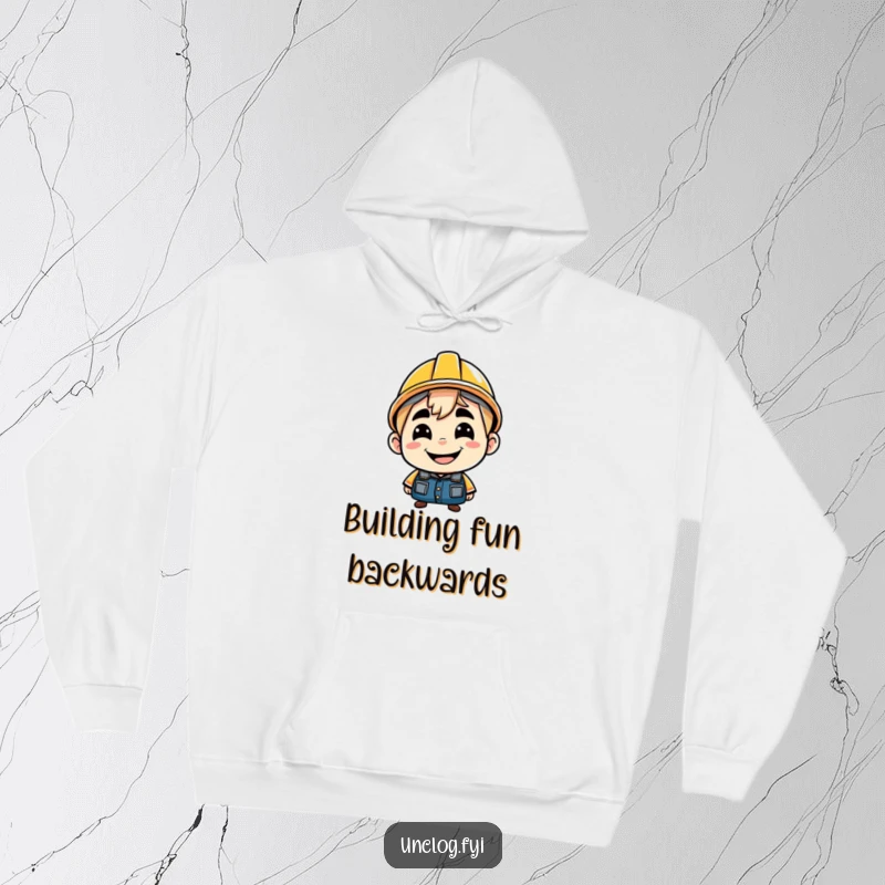 Funny hoodie print of a character with a cheeky grin, wearing a construction hard hat backwards. Comfortable and full of playful attitude.