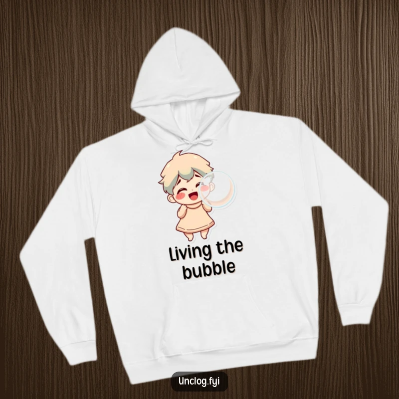 Funny Hoodie featuring a character happily blowing a large bubble, offering warmth and a sense of triumphant, lighthearted fun.